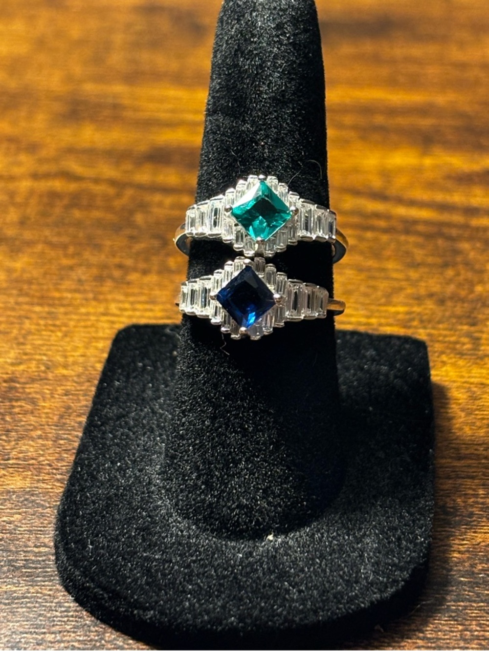 Elegant Green and Blue Square-Cut Double Halo Ring - Women Jewelry